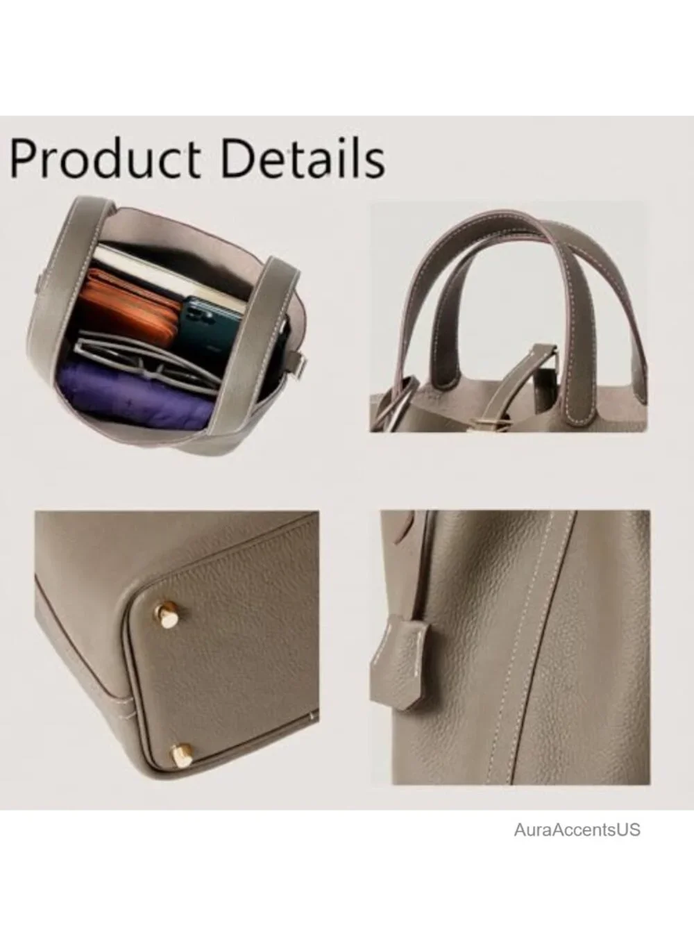 Genuine Leather Bucket Bag with Lock Satchel Handbag